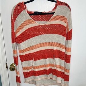 Sanctuary Women's Crochet Hooded Pullover Sweater Striped Coral size small